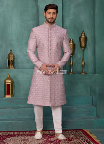 Onion Pink Art Silk Embroidered Sherwani For Groom