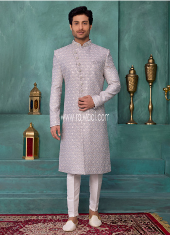 Grey Art Silk Embroidered Sherwani