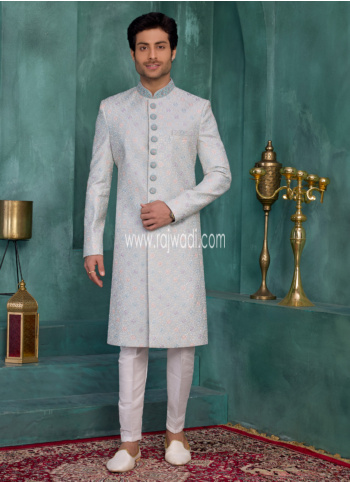 Light Blue Art Silk Embroidered Sherwani For Men
