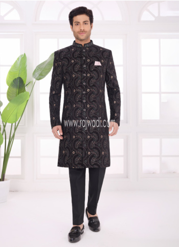 Black Velvet Embroidered Indowestern Set