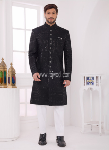 Black Art Silk Embroidered Indowestern Set