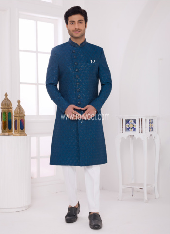 Teal Art Silk Embroidered Indowestern Set