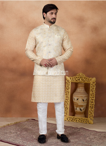 Gold Color Jacquard Fabric Printed Nehru Jacket For Men