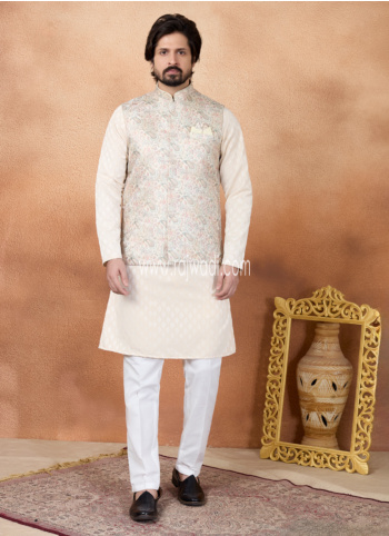 Beige Jacquard Fabric Printed Mens Nehru Jacket