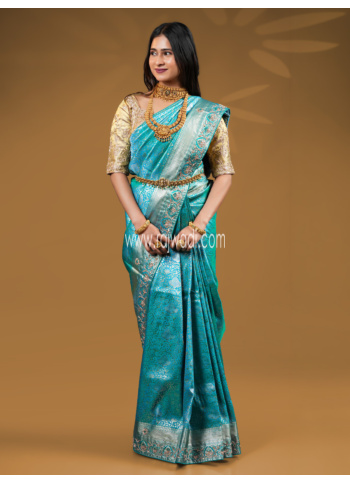 Rama Color Embroidered Banarasi Silk Saree
