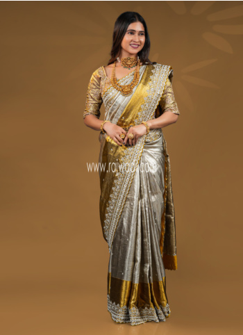 Silver And Golden Embroidered Kanjivaram Silk Saree