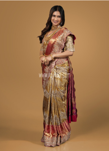 Golden And Pink Embroidered Kanjivaram Silk Saree
