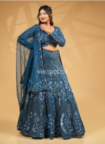 Teal Blue Hand Embroidered Shimmering Elegance Bridal Lehenga Choli Set