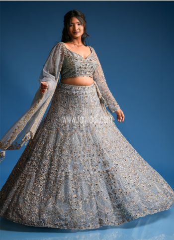 Powder Blue Luxury Hand Embroidered Wedding Lehenga Choli