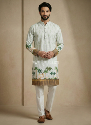 Off White Cotton Printed Kurta Pajama For Mens