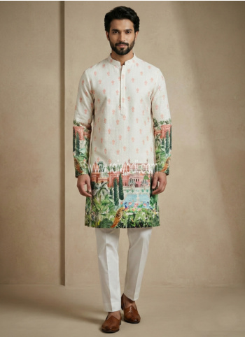 Off White Cotton Printed Kurta Pajama For Mens