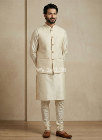 Cream Color Jacquard Fabric Nehru Jacket Suit For Men
