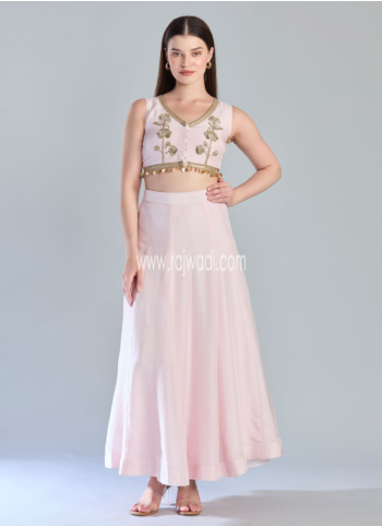 Baby Pink Dola Silk Embroidered Designer Skirt Choli Suit