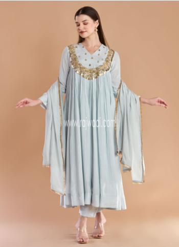 Light Blue Muslin Silk Embroidered Anarkali Salwar Suit