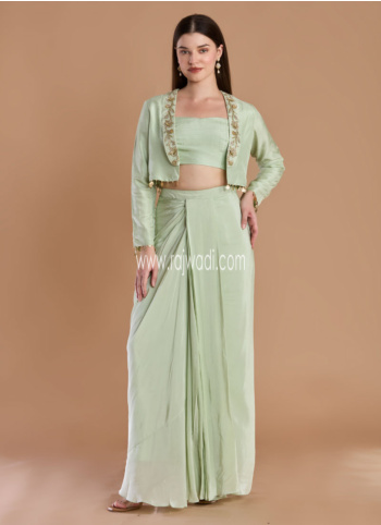 Pista Green Indowestern Set With Embroidered Jakcet
