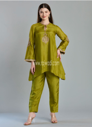 Festive Wear Mehndi Green Marodi Embroidered Work Kurti Set