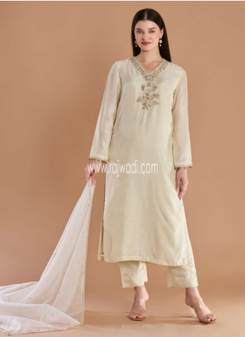 Cream Dola Silk Embroidered Pant Suit With Organza Dupatta