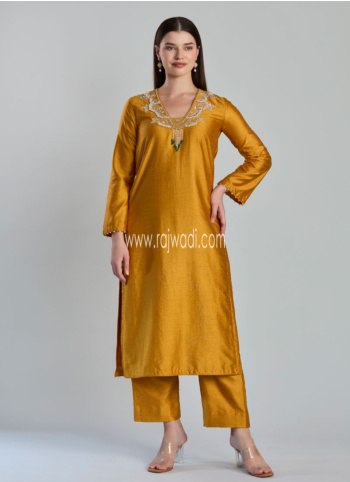 Mustard Yellow Dupion Silk Zardosi Embroidered Festive Wear Kurti Set
