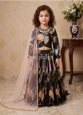 Black Floral Printed Chinon Silk Lehenga Choli