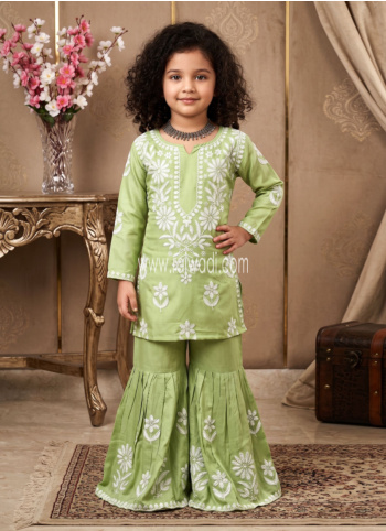 Pista Green Thread Embroidered Gharara Suit
