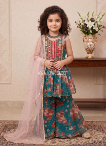Floral Printed Teal Gharara Suit With Contrast Dupatta