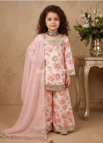 Cream Floral Printed Chinon Silk Palazzo Suit With Dupatta