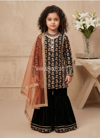 Black Floral Printed Gharara Suit With Orange Dupatta
