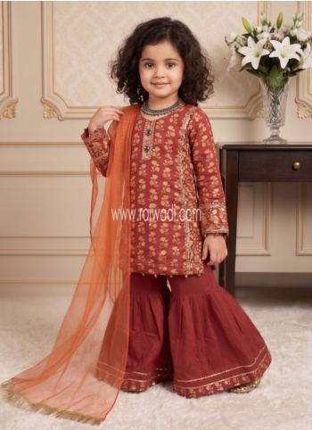 Chinon Silk Rust Color Gharara Suit With Net Dupatta