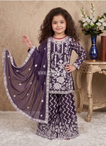 Purple Thread Embroidered Palazzo Suit