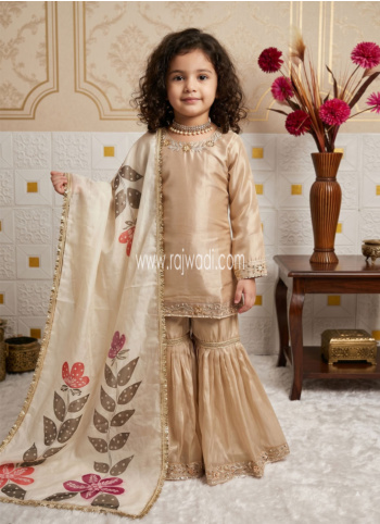 Wedding Wear Golden Cream Silk Gharara Suit