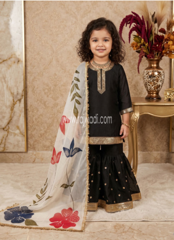 Black Silk Gharara Suit With Floral Organza Dupatta