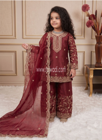 Maroon Embroidered Silk Palazzo Suit With Dupatta
