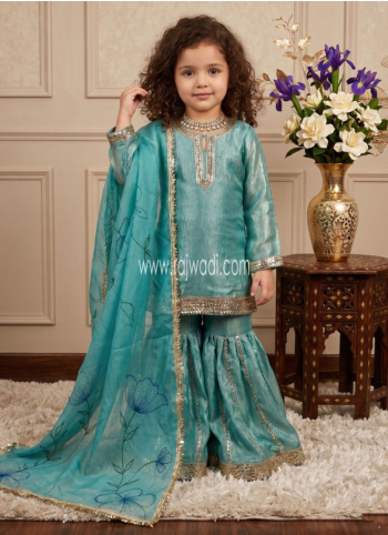 Turquoise Color Silk Embroidered Gharara Suit