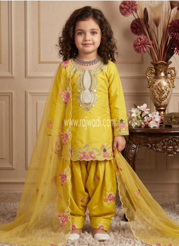 Festive Wear Yellow Embroidered Salwar Suit With Organza Dupatta