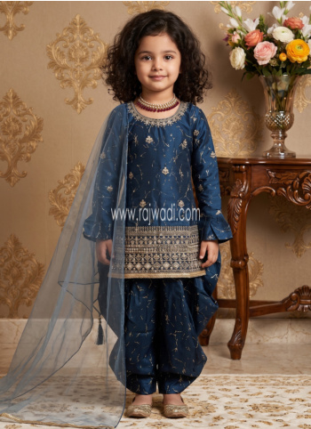 Navy Blue Zari Embroidered Silk Salwar Suit With Organza Dupatta