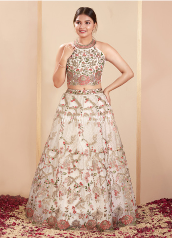 Wedding Wear Cream Sequins Embellished Lehenga Choli