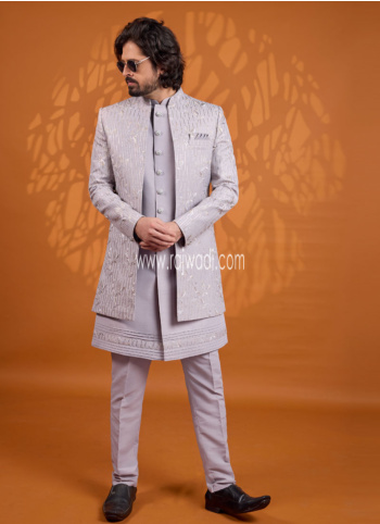 Lilac Embroidered Art Silk Indowestern Set
