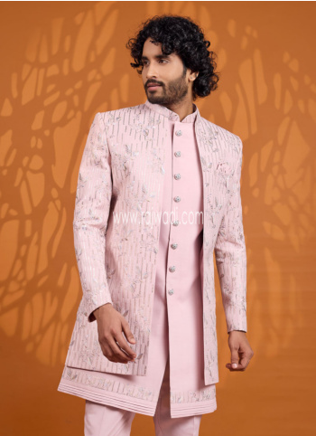 Pink Embroidered Art Silk Indowestern Set