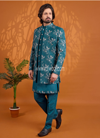 Teal Embroidered Art Silk Indowestern Set