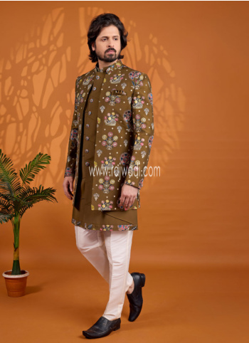 Thread Embroidered Mehndi Green Art Silk Jacket Style Indowestern Set