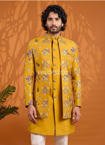 Yellow Thread Embroidered Jacket Style Indowestern Suit
