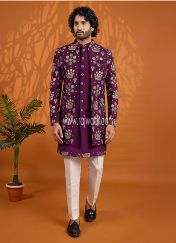 Art Silk Jacket Style Purple Embroidered Indowestern Set