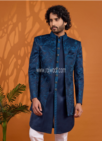 Thread Embroidered Navy Blue Indowestern Set