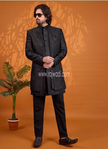 Black Thread Embroidered Jacket Style Indowestern Set