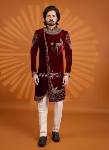 Wedding Wear Maroon Embroidered Indowestern Set