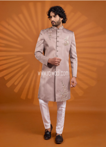 Rose Pink Embroidered Indowestern Set For Men