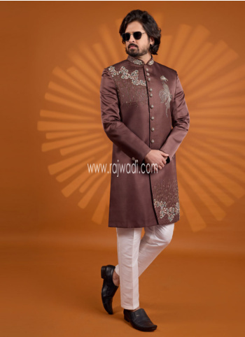 Silk Embroidered Dusty Brown Indowestern Set