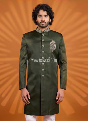 Wedding Wear Green Silk Indowestern Set
