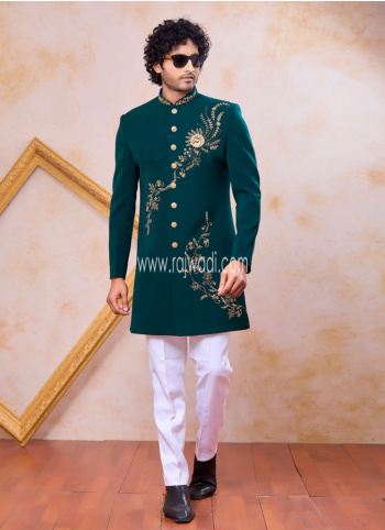 Teal Green Embroidered Indowestern Set