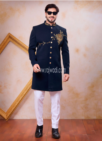 Navy Blue Embroidered Indowestern Set For Men